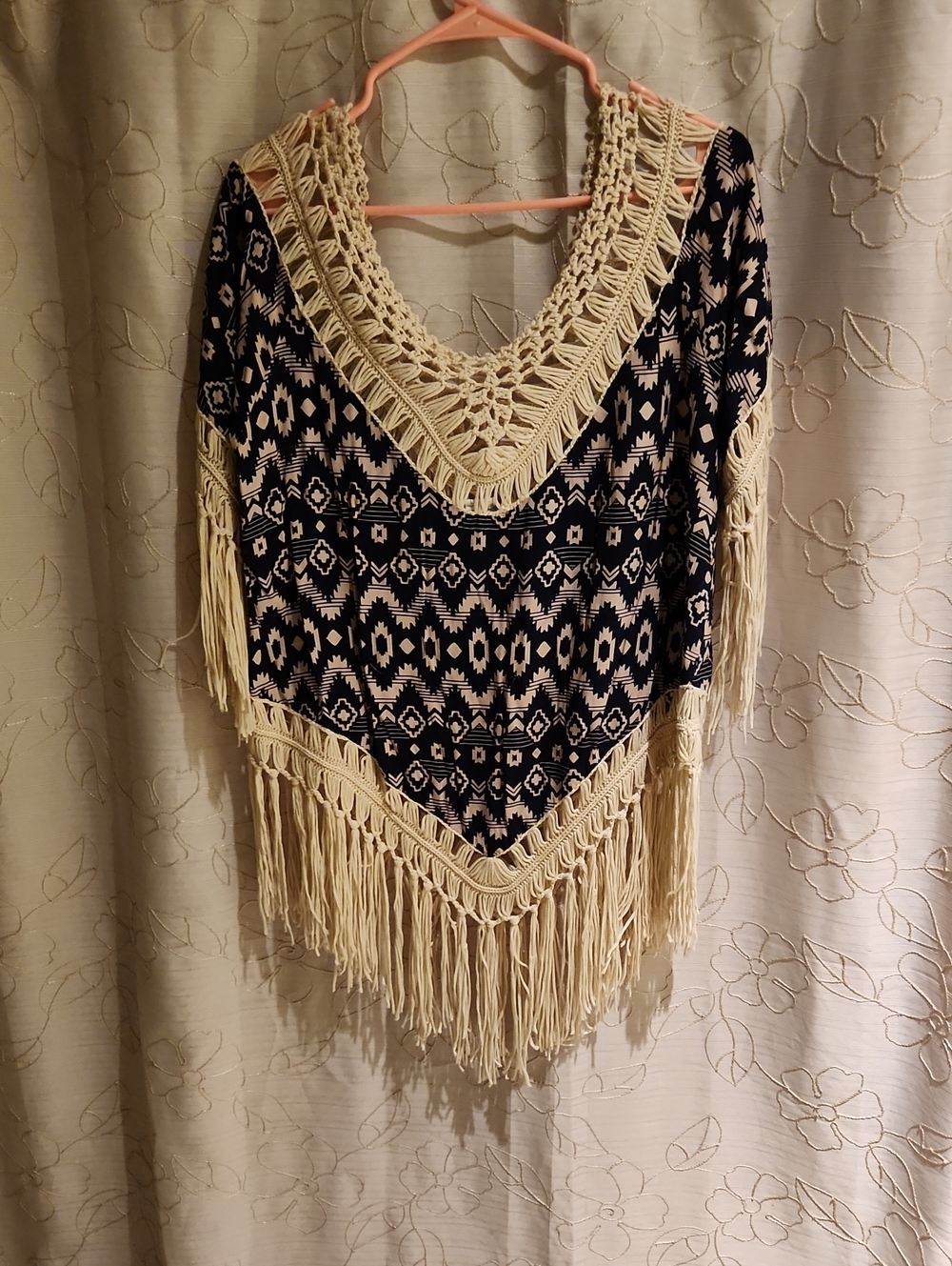 Boho Fringe Knit Sweater Top in Black and Cream